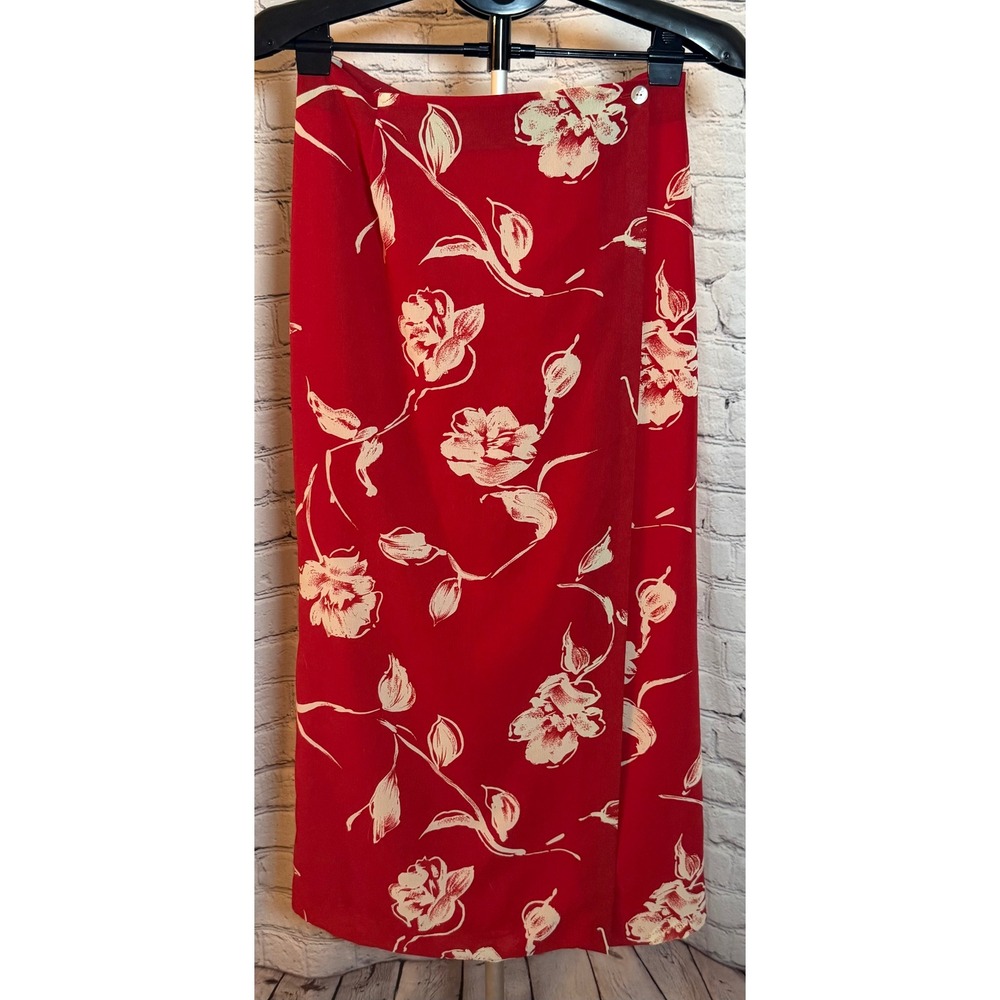 Studio‎ G Red Cream Floral Wrap Midi Skirt Womens Size 8 Vintage Style